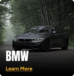 A black BMW parked on a street surrounded by trees.